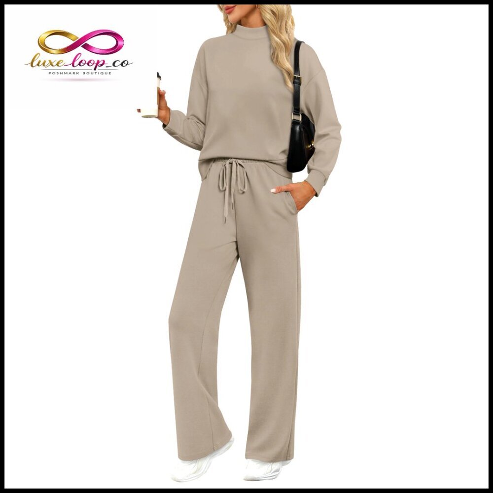 Large Women's Tracksuit Set Mock Neck Top Wide Leg Pants Lounge Wear
